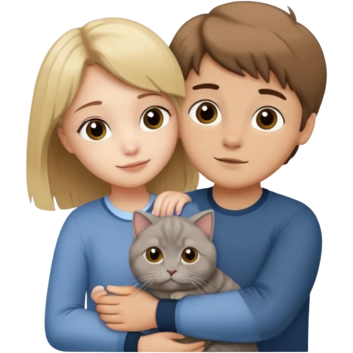 Blonde girl and brown Hair boy hugging a grey scottish fold cat emoji