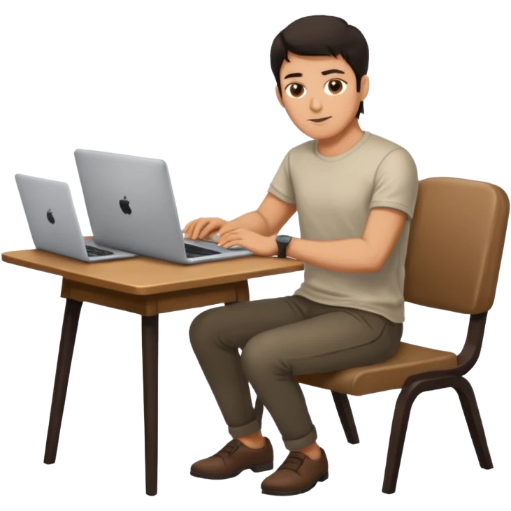 Rich man working setting on a chair in shirt, dark hair, and near the table with laptop he is german very beautiful looks like emoji