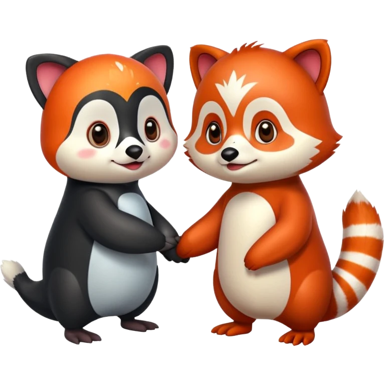 A cartoon  cute one penguin and one red panda  seperste animals not a combination of the animals holding "hands" emoji
