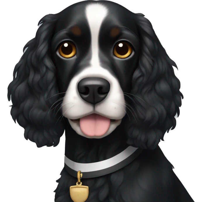 Small completely black king spaniel with black fur on his whole face and white stripe on chest emoji