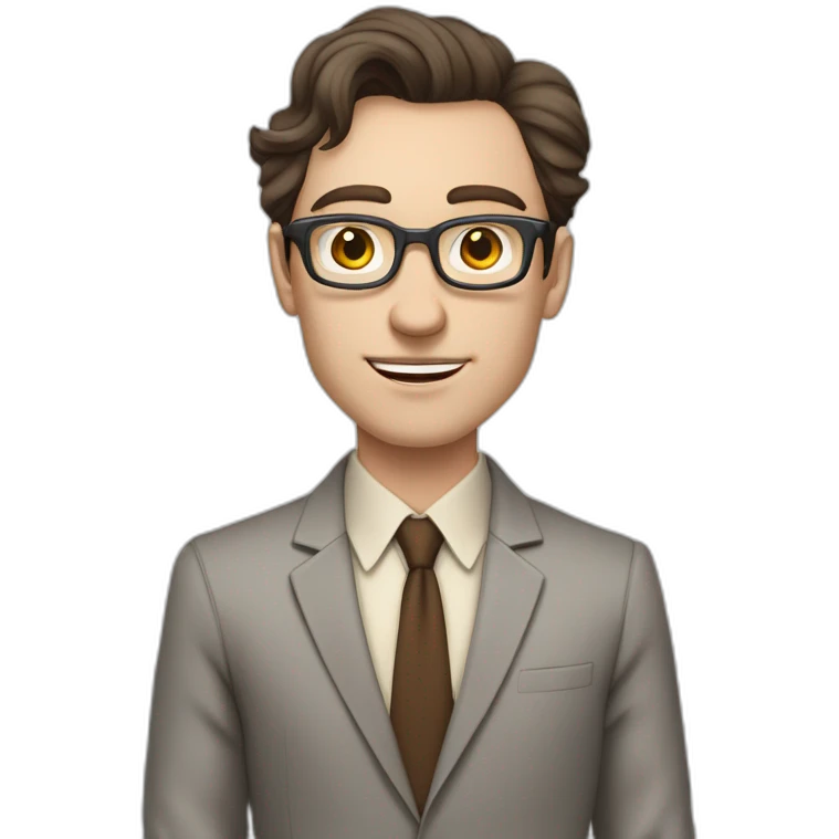 Pale skinned fit man with dark brown hair in gray jacket, beige office shirt, brown tie, brown pants and vintage glasses Writing text on the flipchart emoji