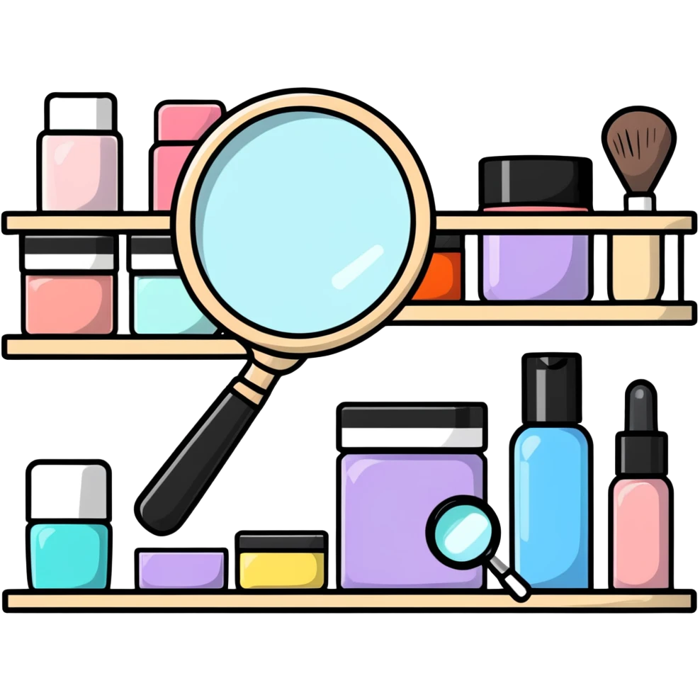 magnifying glass over empty beauty product shelf, searching emoji
