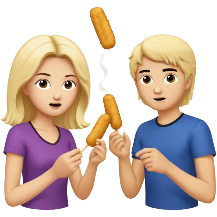 Aurore is blond and Enzo had mid-long black hair are fighting about mozzarella sticks emoji