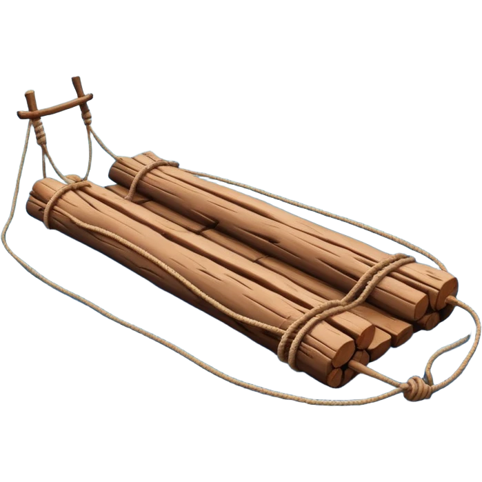 showing a simple wooden raft floating on calm blue water — made of several brown logs tied together with rope — gentle ripples around it — bright, cheerful lighting and soft shadows — minimalist, clean emoji design emoji