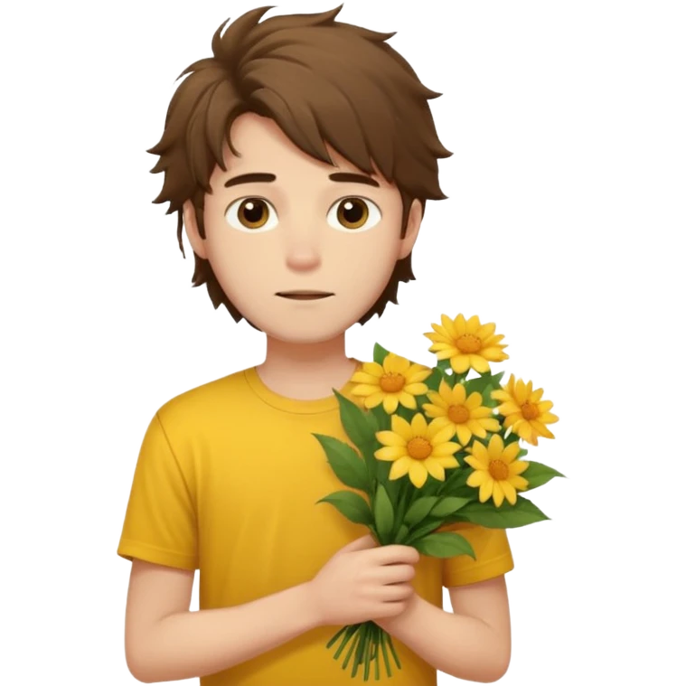 generate an ios genmoji of a 20 year old fair boy with brown long and messy hair with faint beard on cheeks. carrying a flower bouquet, wearing a yellow tshirt, looking shy.  emoji