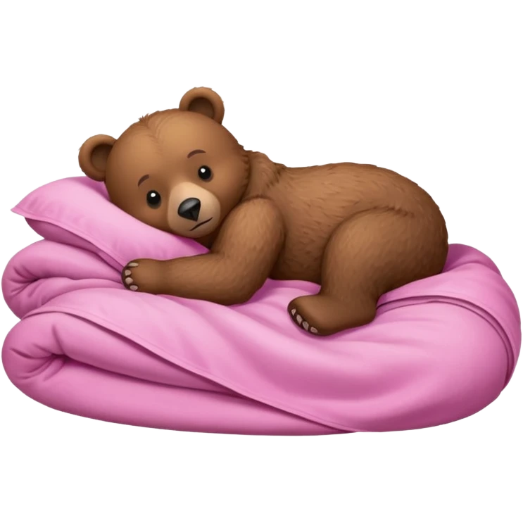 A brown bear lying on its side in a pink bed, curled up under the covers, trying to get comfortable. emoji