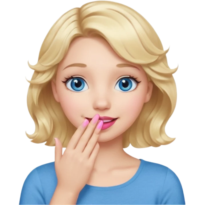 Girl Blonde short wavy hair,  blue eyes, cute blue top, long lashes, pink lips, smiling, hand covering the mouth emoji
