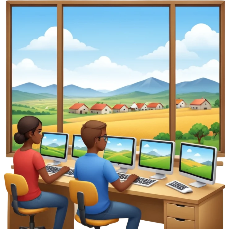 Employees of a startup company working on their computers while looking out the window at the rural landscape.w emoji