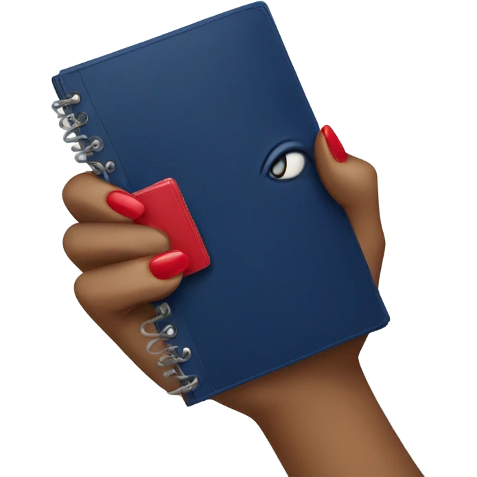 a hand with a red manicure holds a dark blue diary emoji