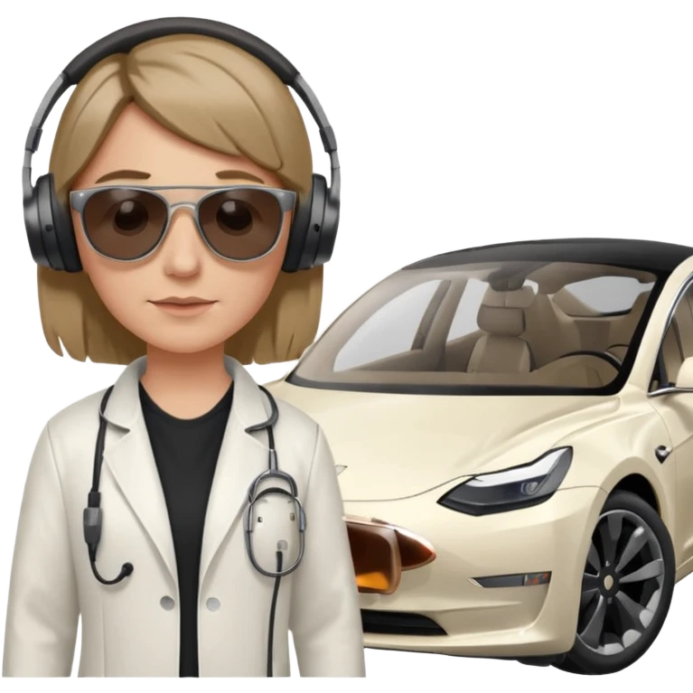 White tesla model 3 with a cool physician with dark blond hair, beats and sunglasses next to it emoji