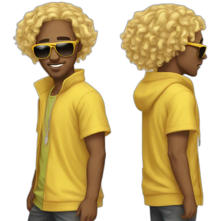 laylow french rapper with sunglasses and yellow shirt, mixed race with curly blond hair emoji