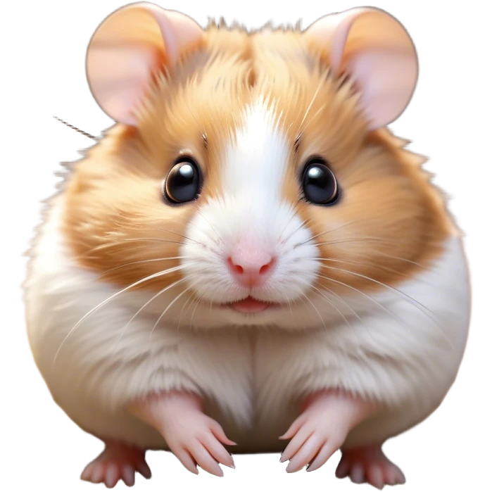 Cinematic Cute Brown and White Banded Hamster Portrait Emoji, Head tilted playfully and inquisitively, showcasing a fluffy coat with playful brown and white banded patterns, round, sparkling dark eyes filled with curiosity, Simplified yet irresistibly adorable features, highly detailed, glowing with a warm, friendly glow, high shine, affectionate and lively, stylized with a touch of whimsy, bright and endearing, soft glowing outline, capturing the essence of a mischievous yet loving hamster, so playful it feels like it could dash out of the screen and into your arms! emoji