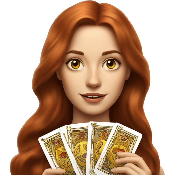 auburn hair beautiful girl with tarot gold cards emoji