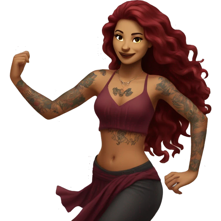 Beautiful tattooed burgundy long haired woman dancing emoji