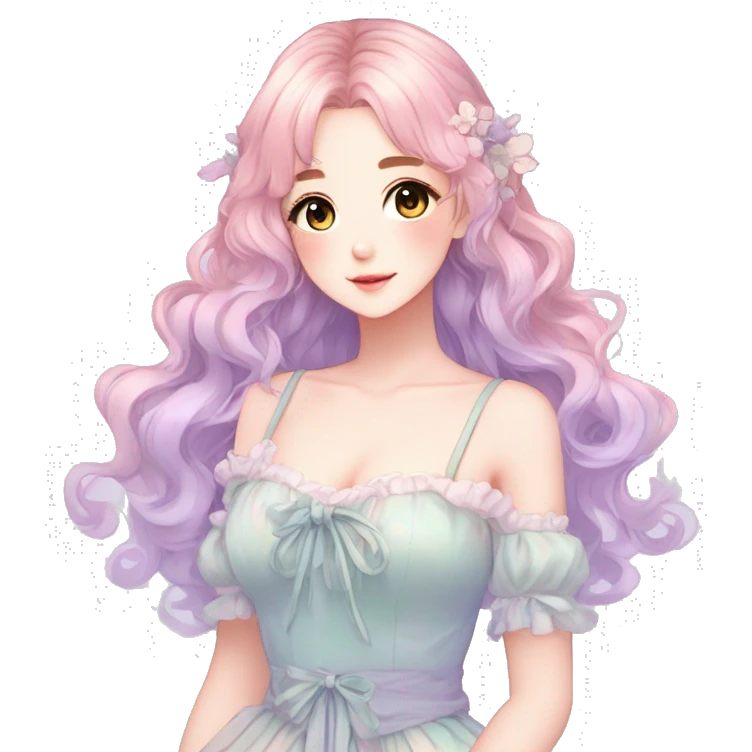 gorgeous pretty attractive anime lady beautiful pastel-gradient hair with gorgeous dress fairycore cottagecore pastelcore detailed high quality trending VOGUE aesthetic full body emoji