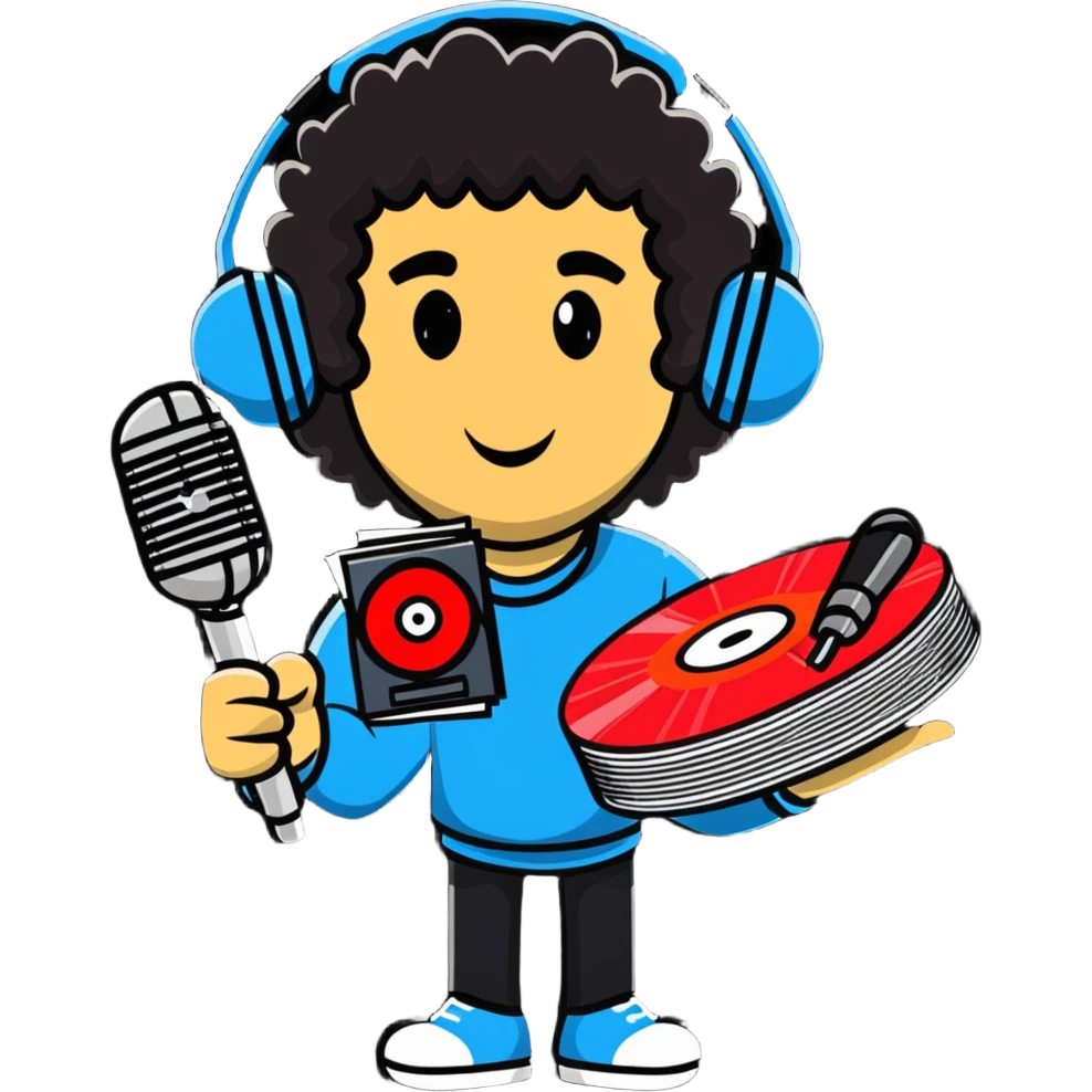 Nardwuar holding vinyl records and his signature microphone emoji
