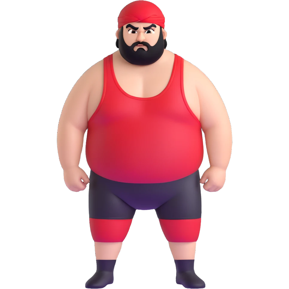 White skin fat guy with prominent black durag, short black beard, black eyes in a red and black wrestling singlet with angry face emoji