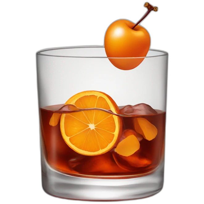 a bourbon, old fashioned in a rocks glass with a cherry in it and a twisted orange peel emoji
