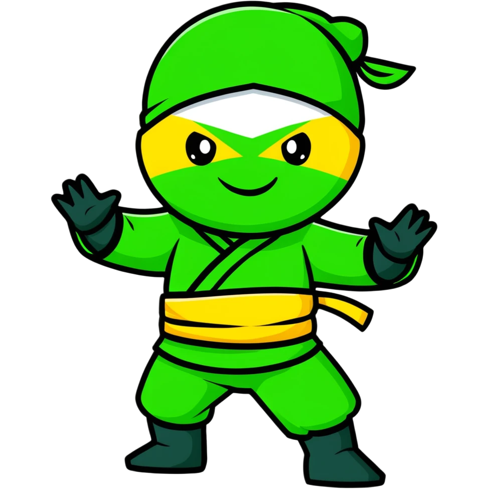 A confident ninja in yellow, green and black merged colors, smiling and saying "HI" emoji