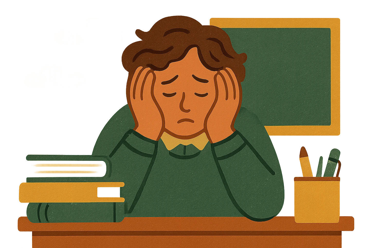 teacher with head in hands, burnt out, modern look, green gold and white color scheme, rounded shapes, simple design emoji