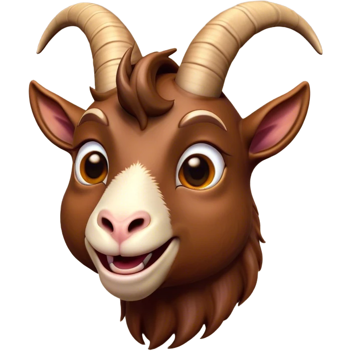 Cinematic Comical Brown Goat Portrait Emoji, Head tilted dramatically with an exaggeratedly amused expression, featuring a sleek brown fur with distinct, quirky curved horns, wide, expressive eyes filled with playful disbelief, Simplified yet hilariously expressive features, highly detailed, glowing with a slightly sassy glow, high shine, dramatic yet playful, stylized with an air of cheeky mischief, bright and endearing, soft glowing outline, capturing the essence of a spirited and over-the-top goat, so meme-worthy it feels like it could side-eye its way into internet fame instantly! emoji