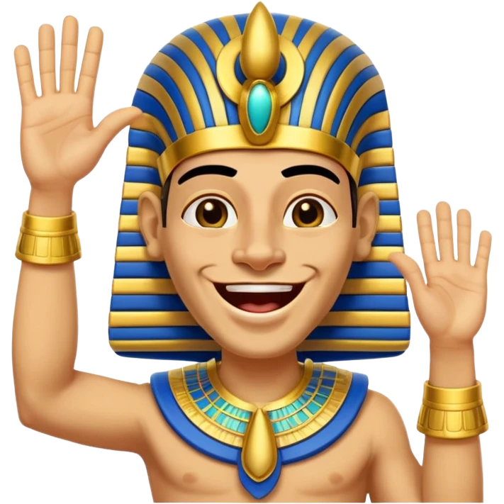 Animated sticker of a funny Ancient Egyptian Pharaoh laughing and energetically waving his hand, welcoming new members, cartoonish style, colorful with shiny gold details, expressive face, small and clear for Discord use, playful and lively motion.
 emoji
