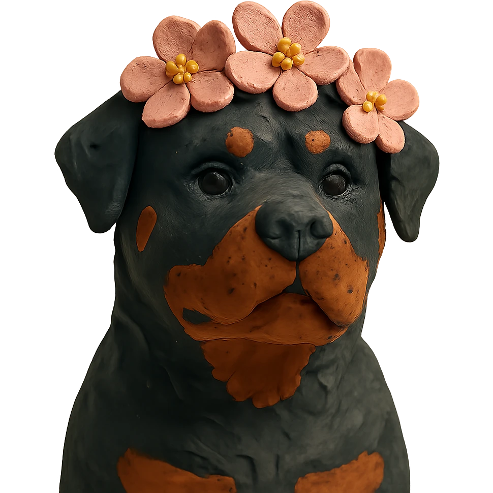 rottweiler with a cherry blossom flower crown in claymation style emoji