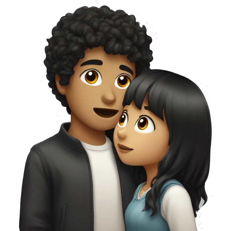 a girl with black hair and bangs with white skin and gray eyes is kissing a slightly swarthy boy and dark curly hair emoji