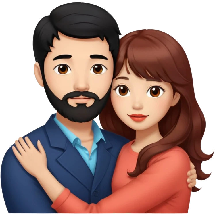 handsome tall asian man with black hair and beard, hugging cute woman with tan skin and long wavy reddish brown hair with bangs and coral lipstick emoji