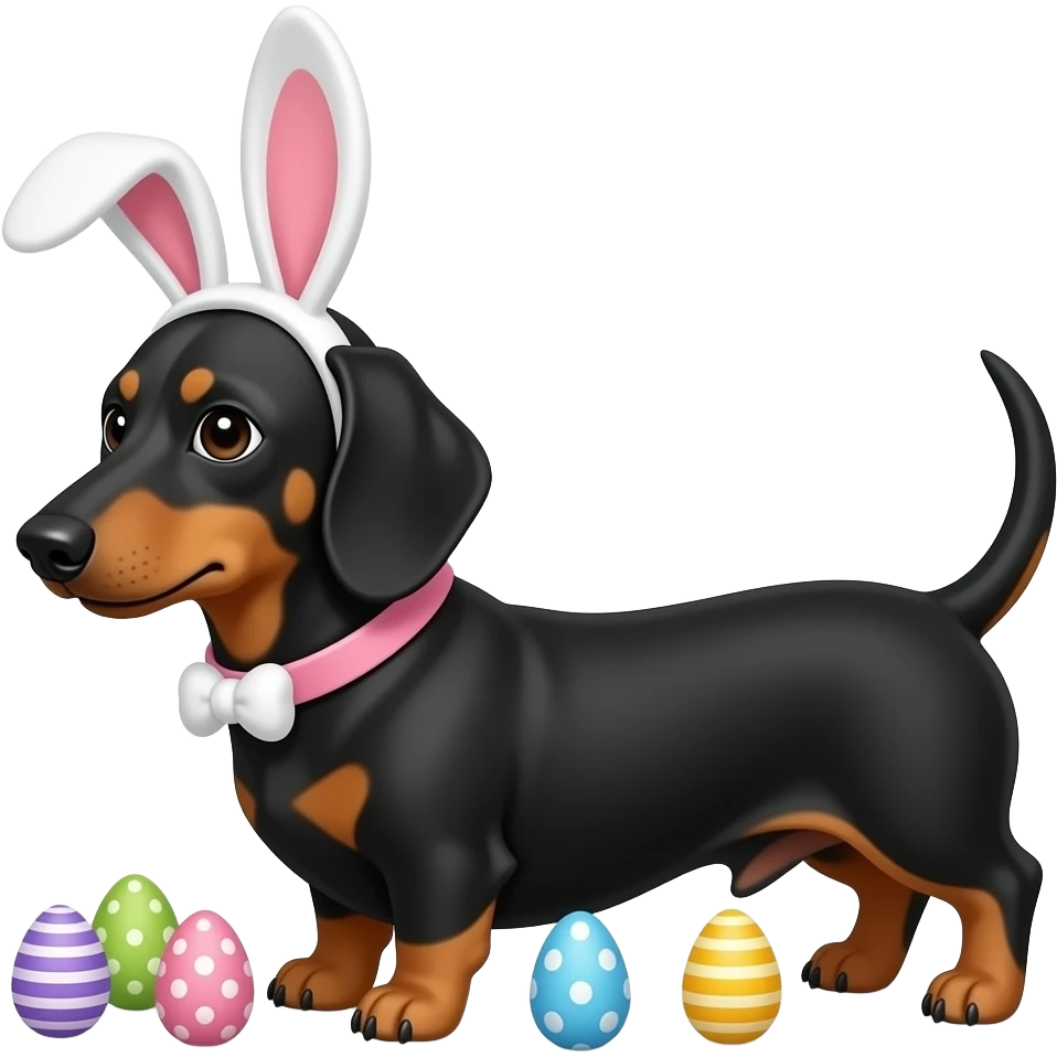 Black and tan dachshund wearing bunny ears and Easter eggs emoji