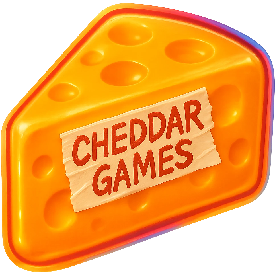 Remove the shadow on the ground. Place the tape with 'Cheddar Games' in the center of the cheese wedge. Make the cheese hyper-realistic, a little softer and more translucent, with a glowing effect. Keep the tape fatter, messy, and less perfect. Preserve the retro semi-transparent plastic style. No background and no sticker effect. emoji