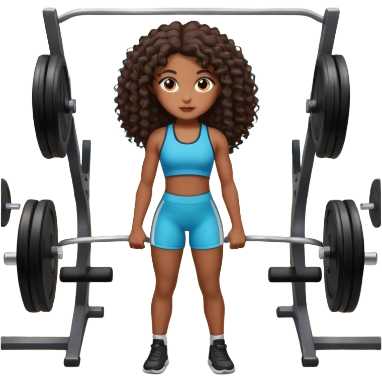Uma boneca morena escura com olhos castanhos e cabelo cacheado longo até o peito, treinando Gym emoji