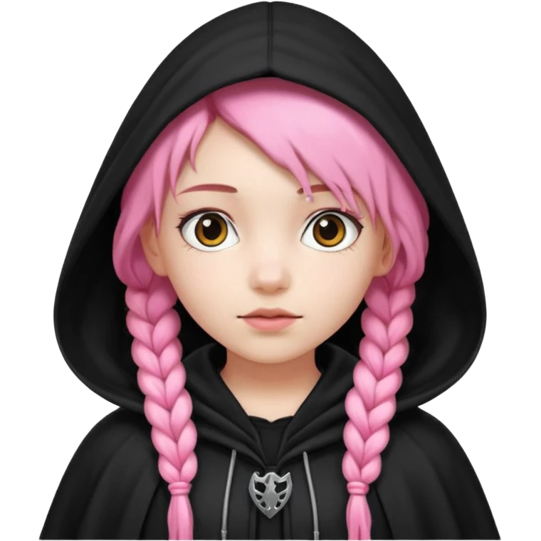 pink braids hair kid girl, white skin, wear black cloak emoji