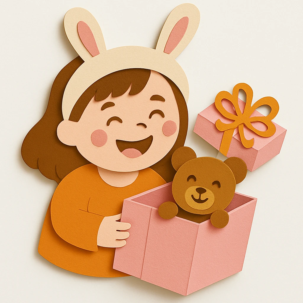 Change the gift box and its cover to pastel pink color, and make the bear's face look visually smiley and happy. Keep all other design elements unchanged emoji