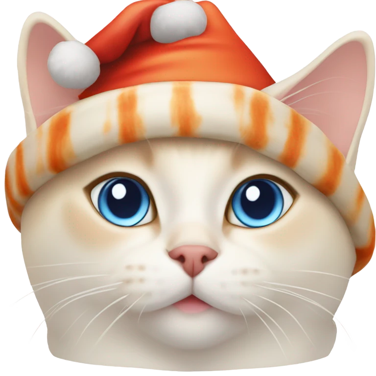 chubby flame point Siamese, white fur with orange accents and blue eyes wearing a red christmas hat  emoji