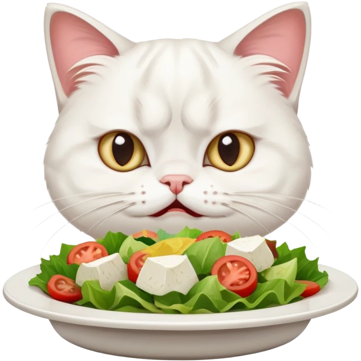 grumpy white cat sitting at a table, looking confused with its ears slightly back. In front of the cat is a plate with a salad with mouth a little open, and Disagree in the cat's face emoji