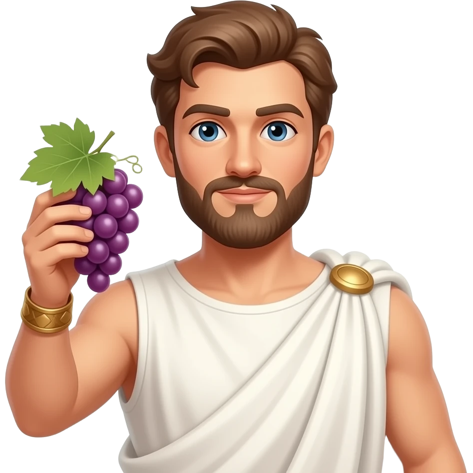 ancient Greek man holding a bunch of grape in her hand, closeup , emoji
