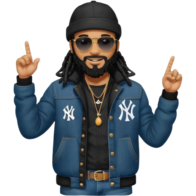 African American man with shoulder length black dreadlocks and black beard with black sunglasses wearing a black bubble winter coat with denim skinny jeans and timberland boots and a black New York Yankees baseball hat pointing finger emoji