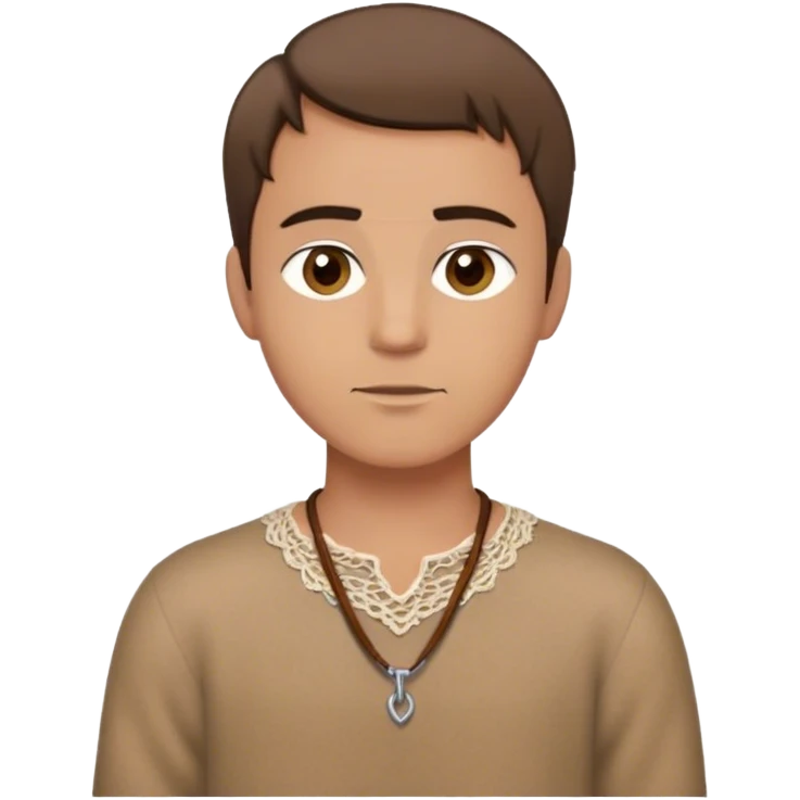 medieval outfit worn by a DnD themed fantasy character. basic wool tunic with a laced neckline and a simple leather cord necklace. clothes only above the waist. The clothes full waist. The character's haven't arms. character is straight brown hair hazel eyes short hair tan-skinned man. emoji