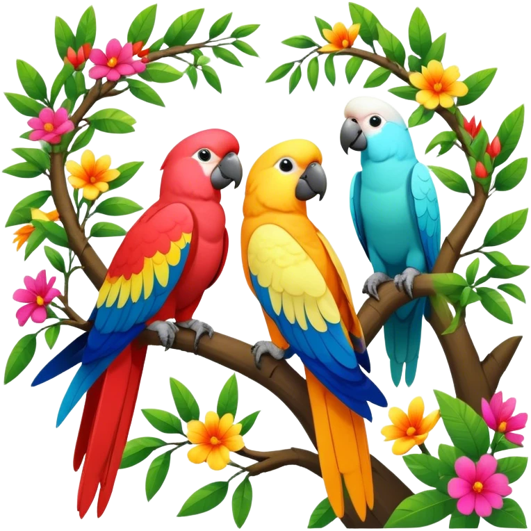 Close-up collage of vibrant Ara parrots and Inca cockatoos sitting on tree branches, surrounded by lush greenery. Bright colors of the birds stand out against a natural, sunny background of trees and flowers. Transparent background. emoji