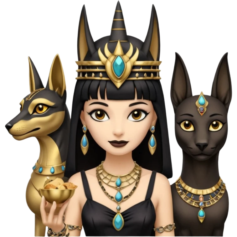 Smiling Witchy-mannered smoky-evil-eyed real Audrey Hepburn cleopatra Anubis Protecting silky black-haired tiny chained-adorned statuette-scale dessert scenery stone-age cracked emoji