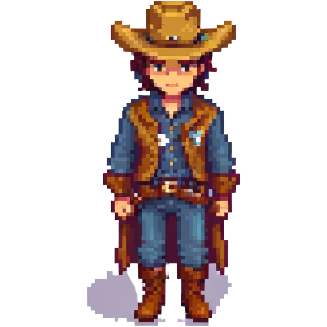 heartbroken cowboy, pixel art style, sad face, classic western outfit, cowboy hat and boots emoji