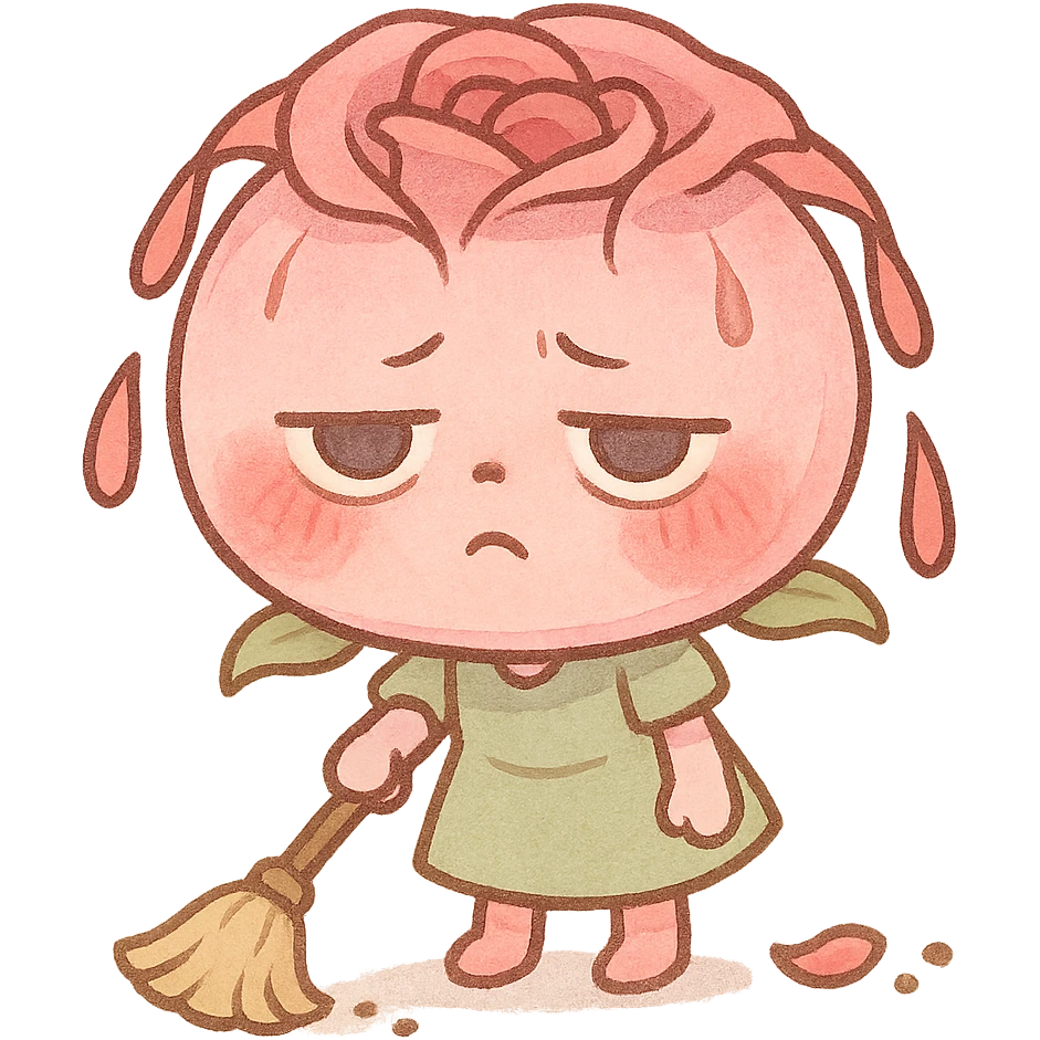 chibi style round pink rose flower, puffed cheeks, tired eyes, sweeping the floor, petals drooping, pastel colors, full-body emoji