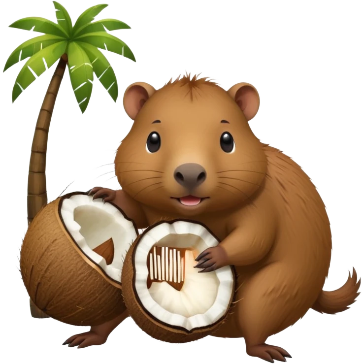 A capybara with a coconut body and the head comes out of the small opening in the coconut with arms and legs with four legs on the floor emoji
