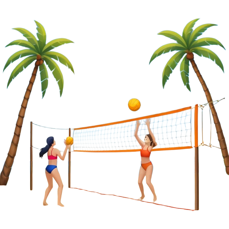 A volleyball resting on the orange sand of a beach, with a volleyball net in the background. The scene includes a beautiful beach landscape with blue sea, sky, and palm trees, while a couple of women in swimsuits play in the distance, capturing the relaxed yet competitive vibe of beach volleyball. emoji