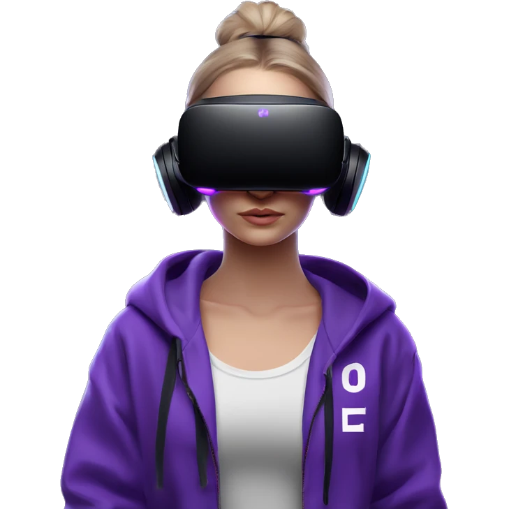 Russian girl wearing black hoody with violet letters "OMG", in vr headset oculus quest2. Standing like jedi. Cyberpunk style. Violet neon. emoji