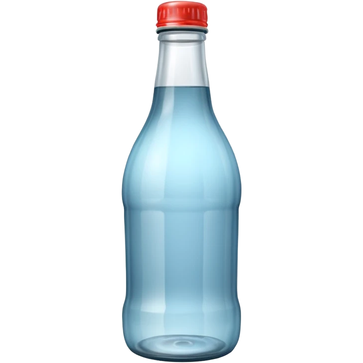A 3D Apple-style empty soda bottle emoji, classic transparent glass with a narrow neck, no liquid inside, shiny reflective surface, light highlights on the glass, simple round body with a small cap, clean minimal background. emoji