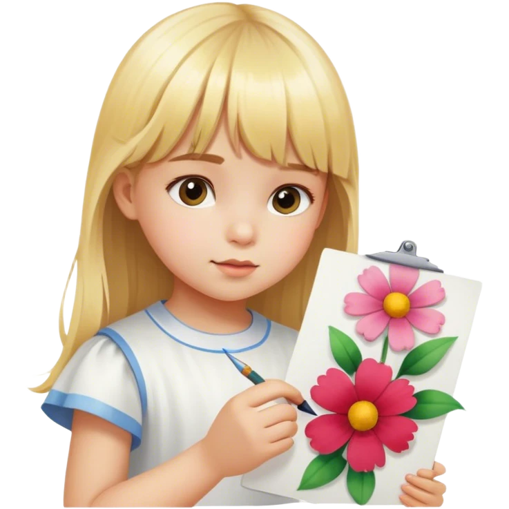 little girl with blonde bangs paints a flower on sheet of paper emoji