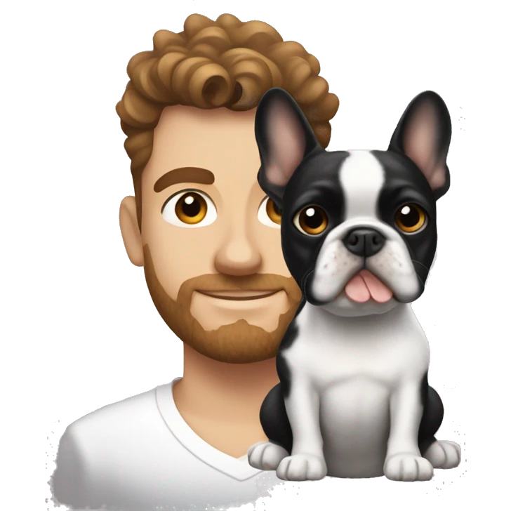 black-white frenchie dog next to his owner who is a white guy with brown curly hair  emoji