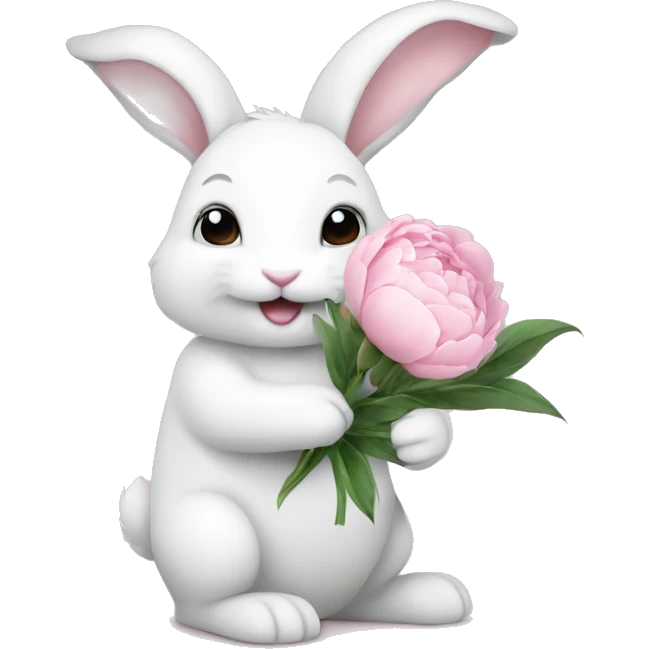 cute white bunny holding light pink peonies emoji
